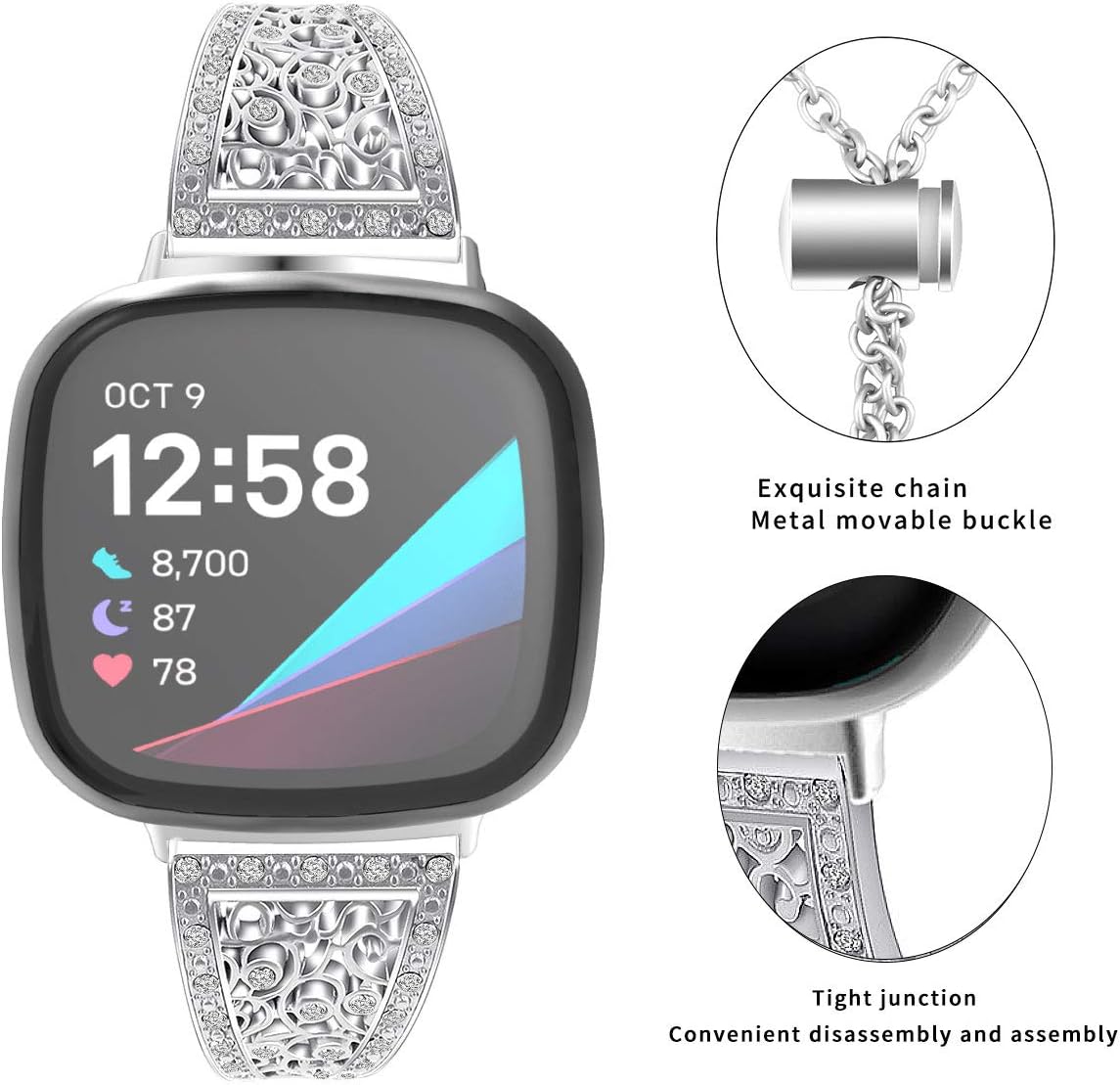 AISPORTS Compatible with Fitbit Versa 3/Sense Strap for Women Crystal Bling Glitter Diamond Wristband Metal Buckle Jewelry Bracelet Replacement Strap for Fitbit Versa 3/Sense - Image 3