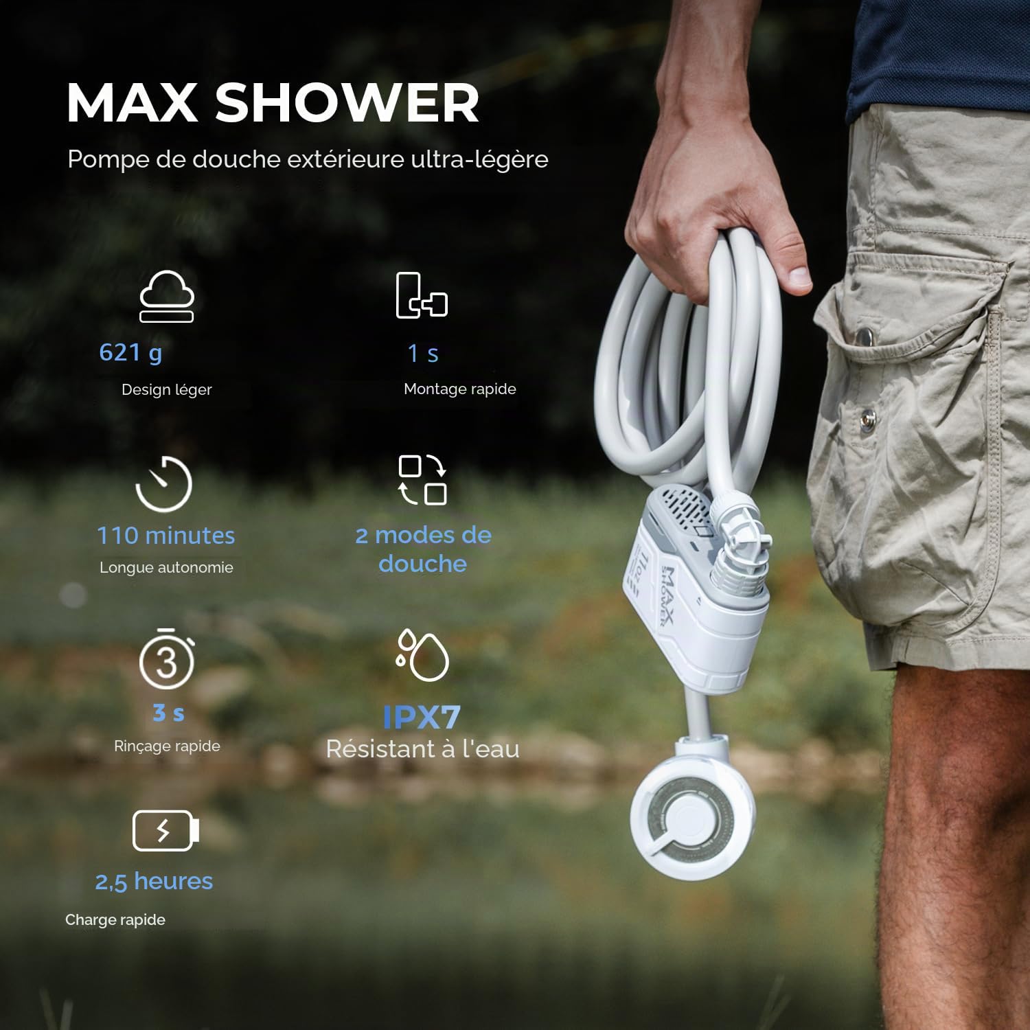 FLEXTAILGEAR Max Shower, Douche Portable de Camping, Douche Extérieure Ultralégère, Rechargeable, Portable avec Pompe à Eau USB-C, Lavage Voiture, Nettoyage Animaux, Vacances Plage, Randonnée