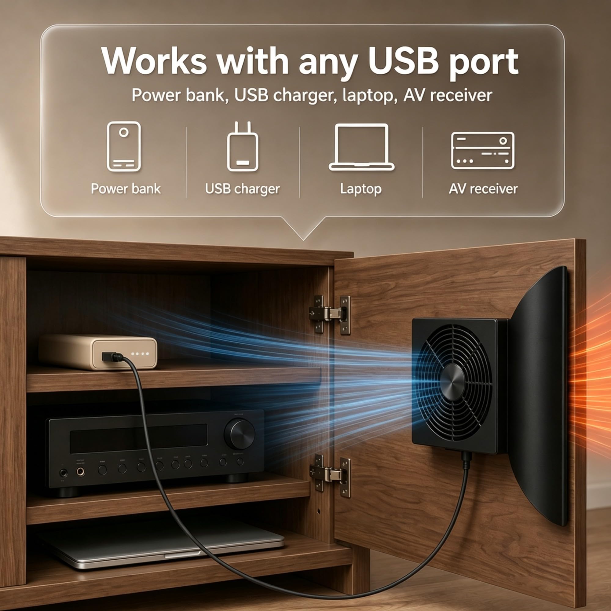 Ventilateur de refroidissement pour armoire, alimentation USB 5 V, installation sans perçage pour armoire AV, home cinéma, boîtier électronique, ventilateur d'échappement de 120 mm avec contrôleur de