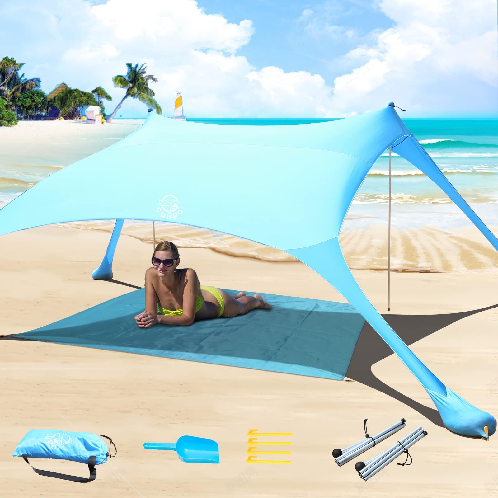 Beach Tent Canopy Pop Up,UPF50 Lycra Sun Shade Outdoor Anti-Wind Sun Shelter with Stability Poles, Portable Sunshade for Beach Camping Fishing Backyard with Beach Blanket Blue
