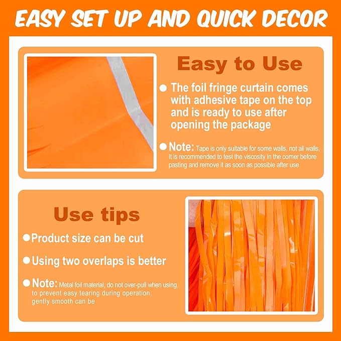 Pack de 6 Cortinas de Flecos de Papel Aluminio Naranja Macaron 3.28x9.8 pies miniatura 3