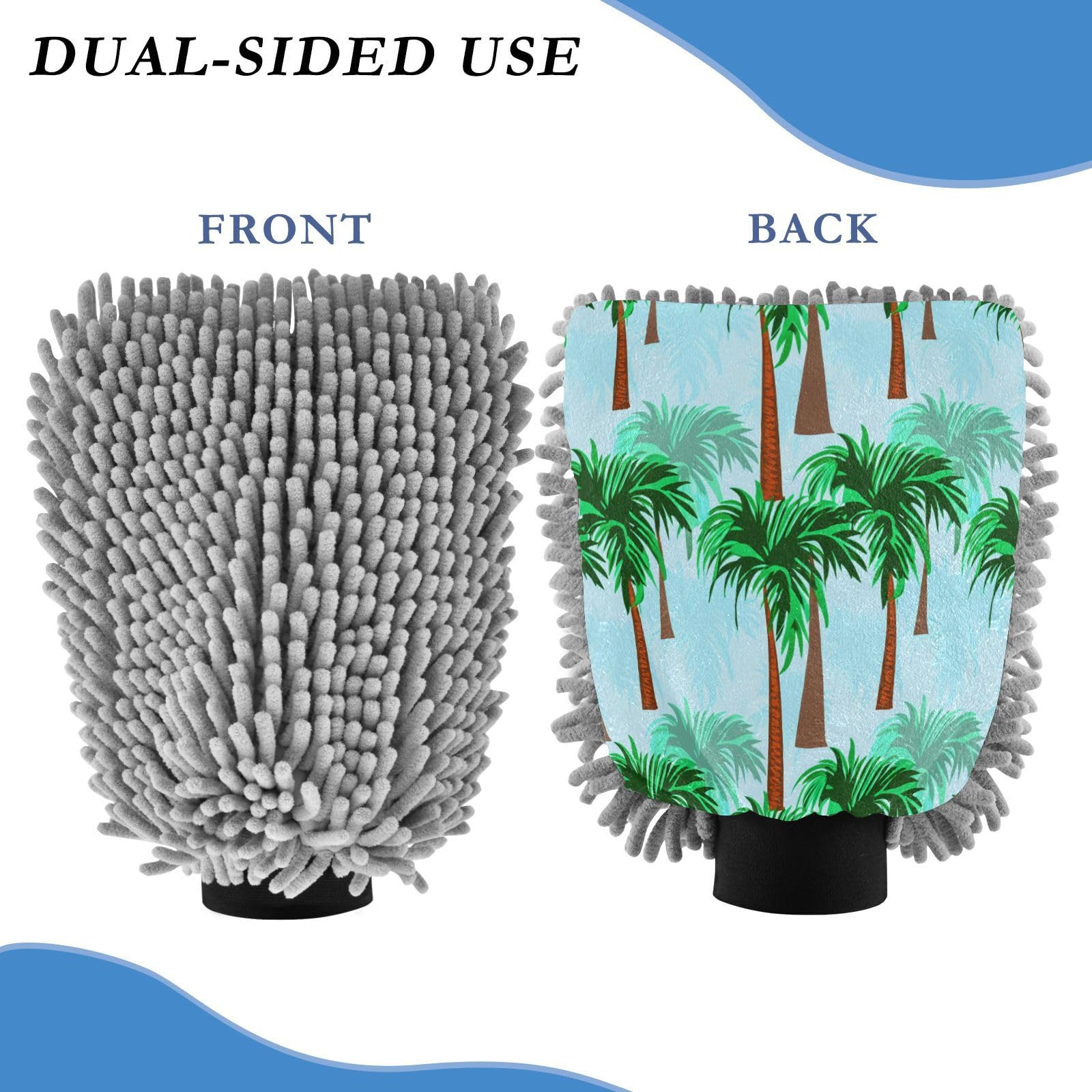 Kigai Tropical Coconut Tree Car Wash Mitt Microfiber, 2Pcs Scratch Free Lint-Free, Premium Chenille Microfiber Mitt Car Wash Brush-L