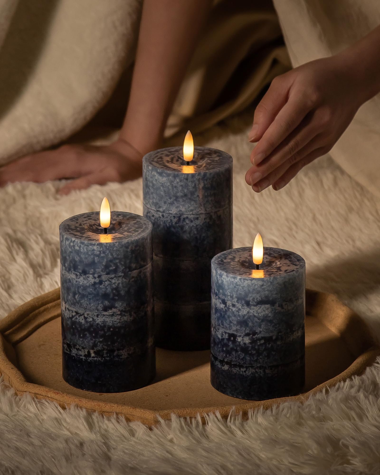 Stmarry Candele senza fiamma sfumate blu navy con telecomando e timer, candele a pilastro a LED realizzate in vera cera, funzionamento a batteria con fiamma tremolante 3D, 7,6 x 10,2 cm, 7,6 x 12,7 cm