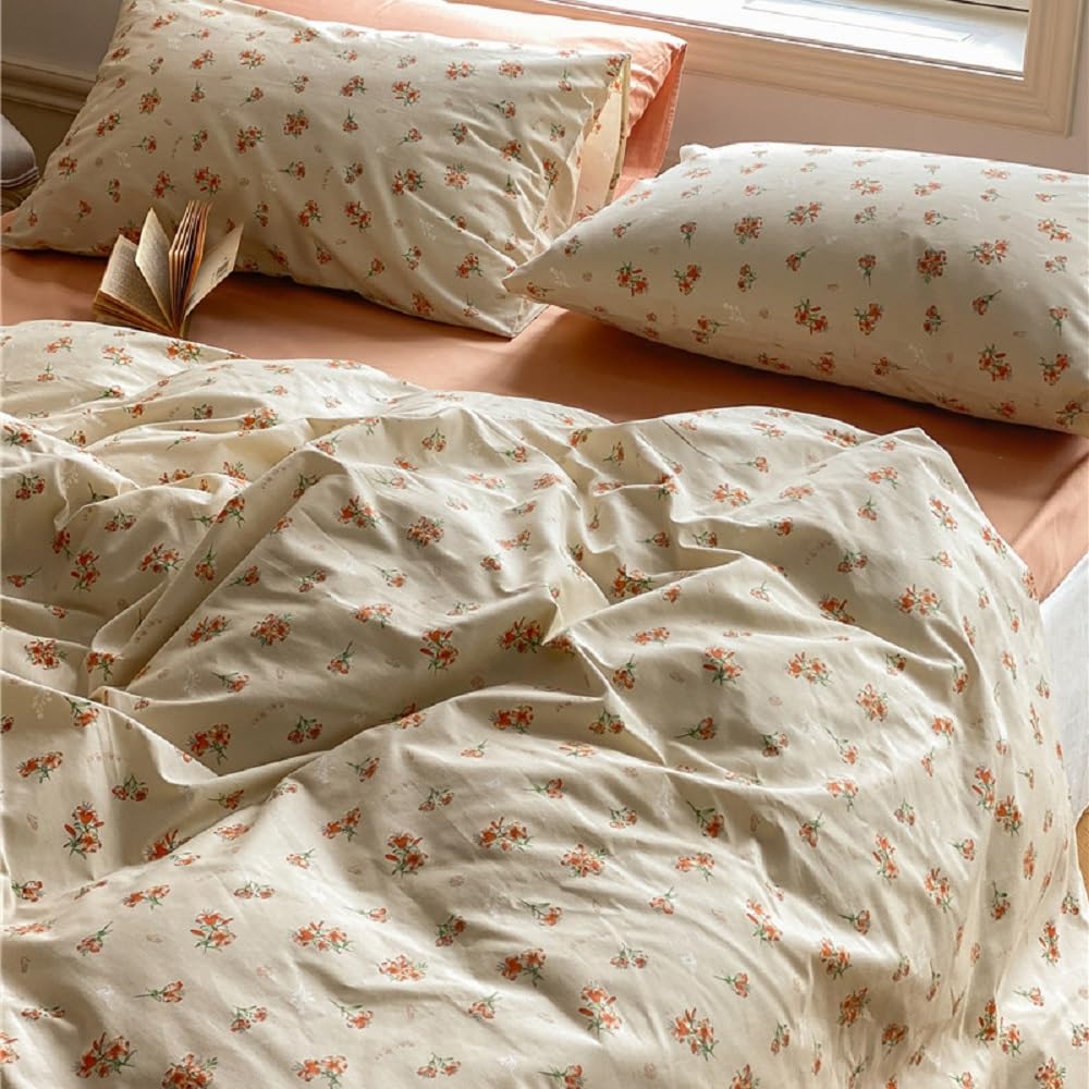 Lanqinglv Bettwäsche 135x200 Baumwolle Blumenmuster,Beige Grün Pflanzen Wendebettwäsche Renforce ÖKO-TEX Bettwäsche Set Vintage Bettbezug mit Reißverschluss und 1 Kissenbezug 80x80 cm