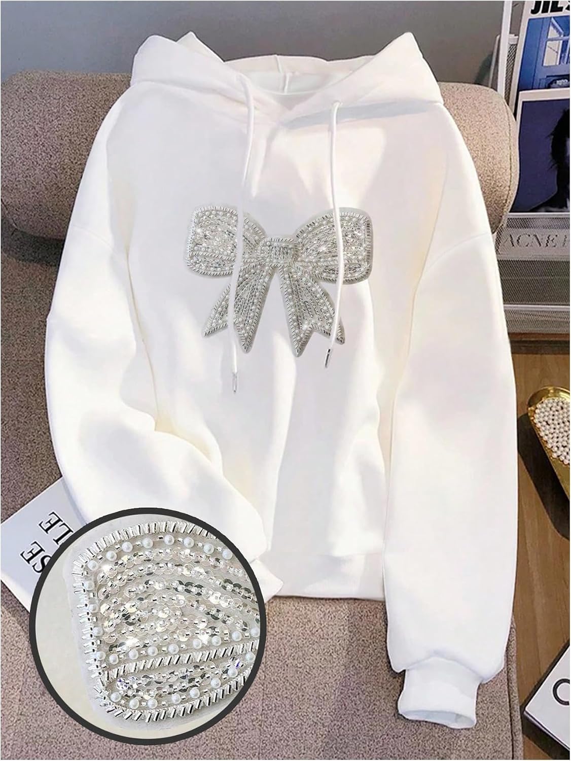 SweatyRocks Women's Oversized Hoodies Sweatshirt Rhinestone Pearl Bow Long Sleeve Thermal Lined Shirt Top