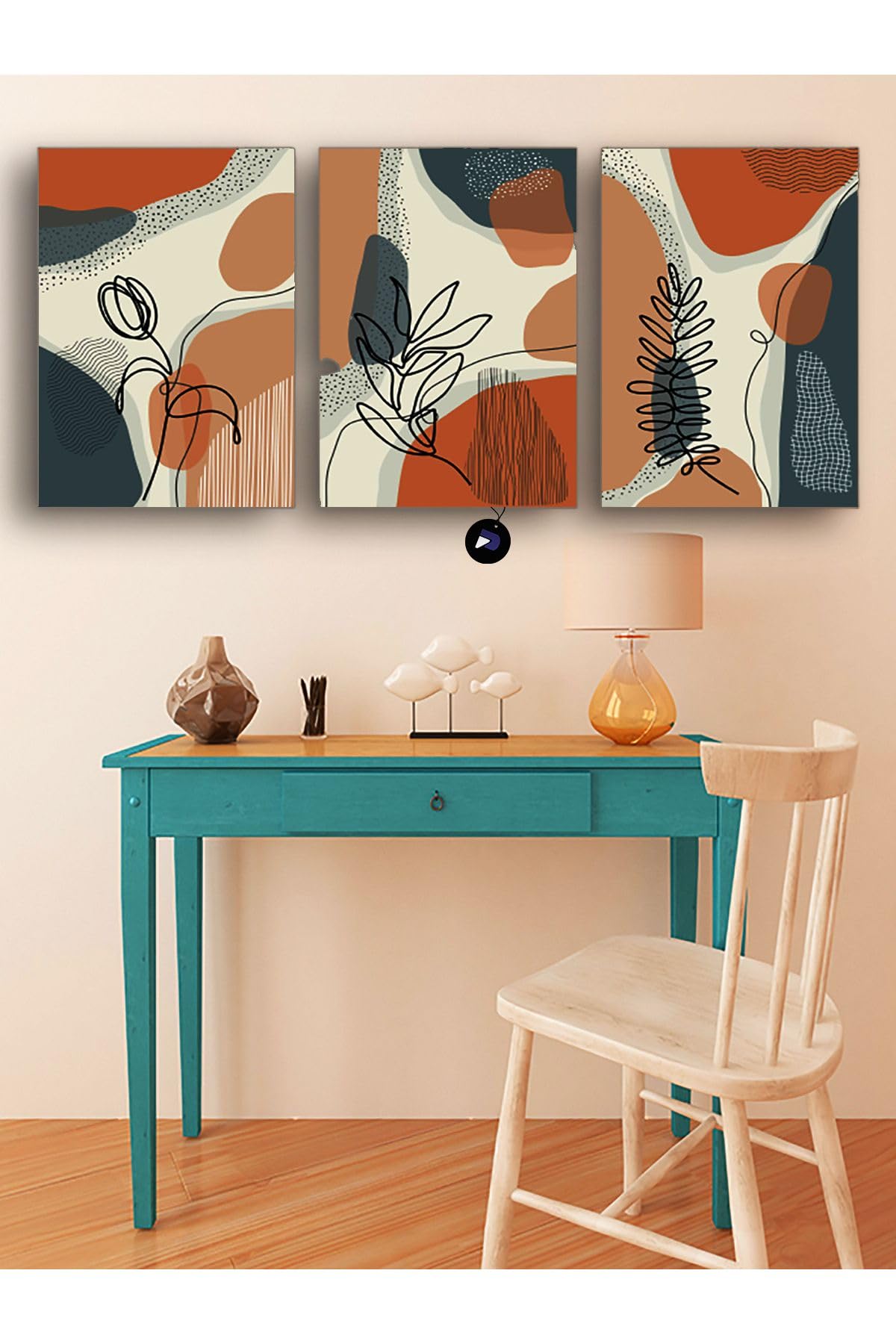 Postermanya (pster136) Turuncu Soyut Yaprak ve Çiçek Üçlü Kanvas Tablo Seti, Premium 3'lü Canvas, 3 Parçalı Duvar Tablosu 21 x 30