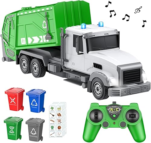 Camiones de juguete con control remoto de 2,4 GHz, camión de basura RC 124 con 4 cubos de basura, control remoto de 6 canales, camión de basura de