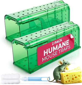 Humane Mouse Trap Pack of 2 - No Kill - Live Mouse Traps Indoor for Home Use - Reusable Rodent Traps for House Indoor، Safe & Effective Rat Trap Outdoor - Humane Mice Control with Cleaning Brush