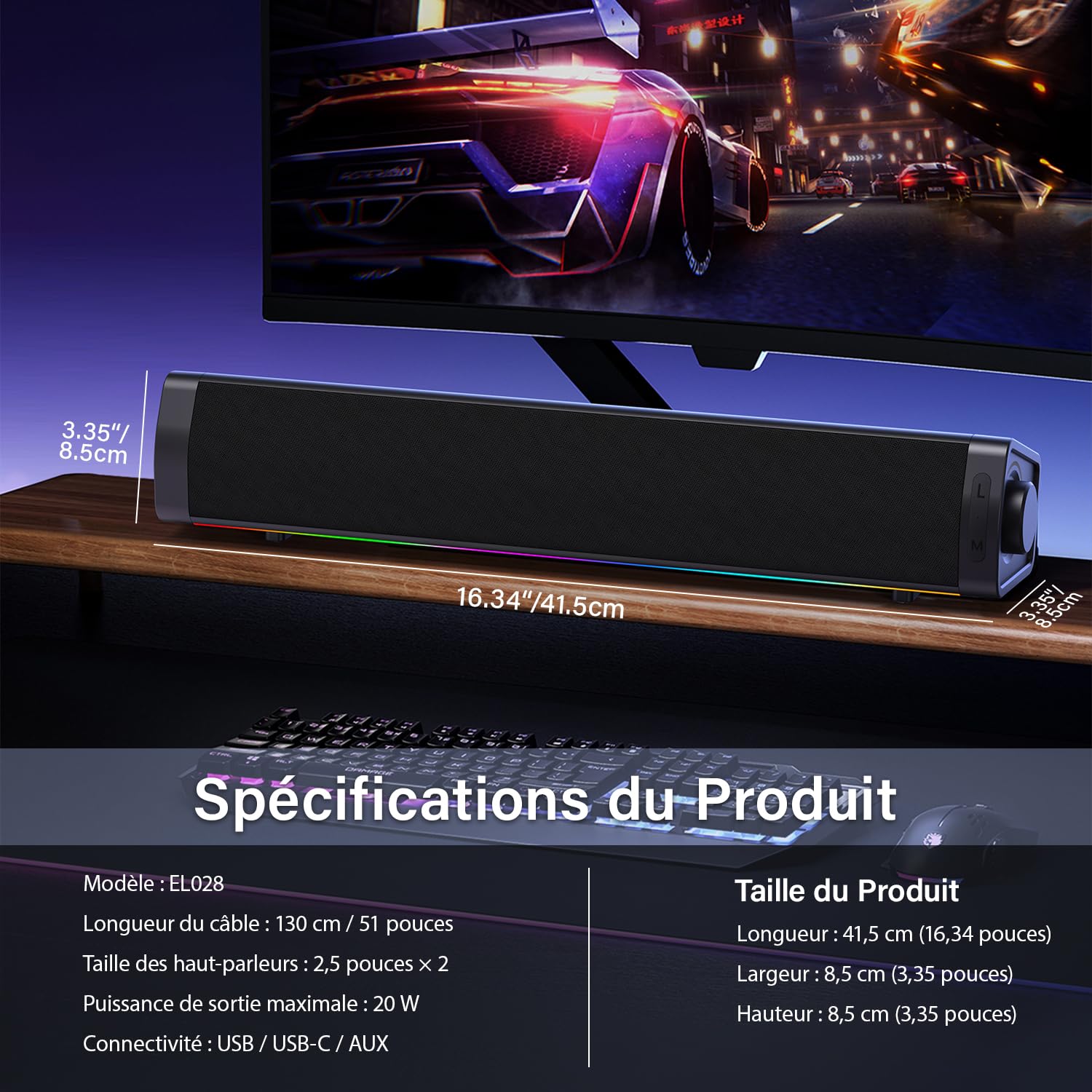 ZETIY Enceinte PC RGB, Barre de Son USB pour Ordinateur, Haut-Parleur Gaming Filaire avec Prise Jack 3.5mm, Son Stéréo pour PC de Bureau, Laptop, Tablette et Smartphone