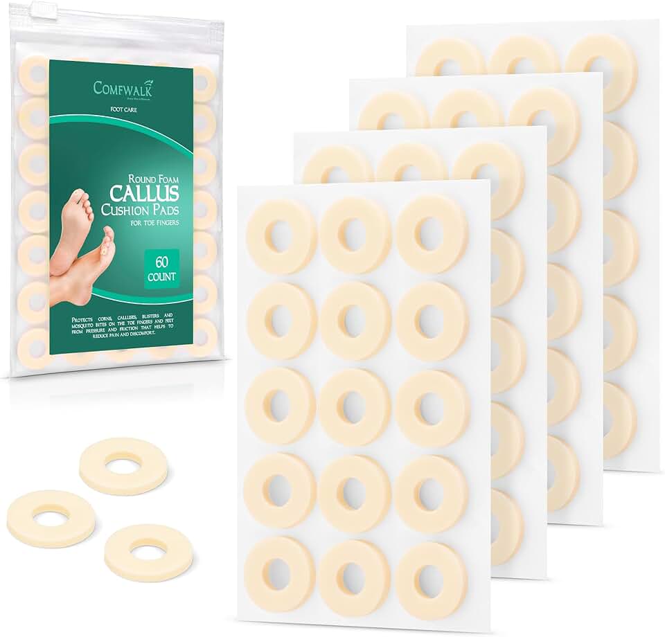 Comfwalk Callus Cushions Pads, 60-Count, Prevents Calluses, Corns, blisters and Mosquito Bites on feet from Pressure and Friction, Round Soft Foam, Beige Skin Color (Small for Toes)