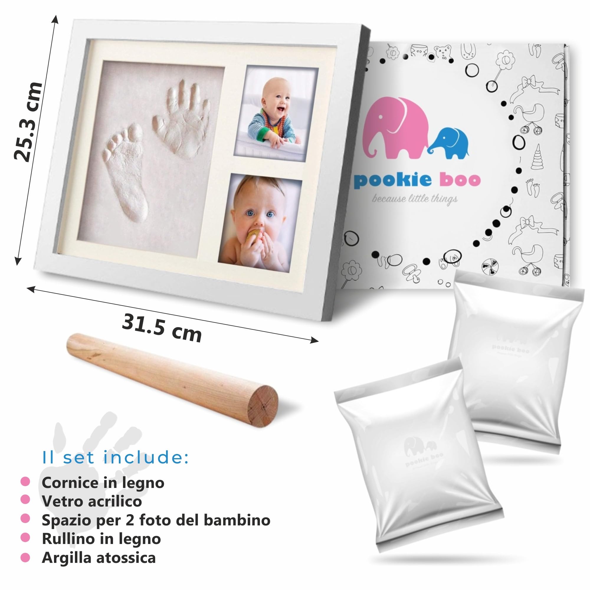 Cornice Impronte Mani e Piedi Neonati con Cornice Foto Personalizzata in Legno con Portafoto da Tavolo e Kit Calco Mani Idea Regalo di Natale Nascita Bimbo Neonata Battesimo Baby Shower Kinder