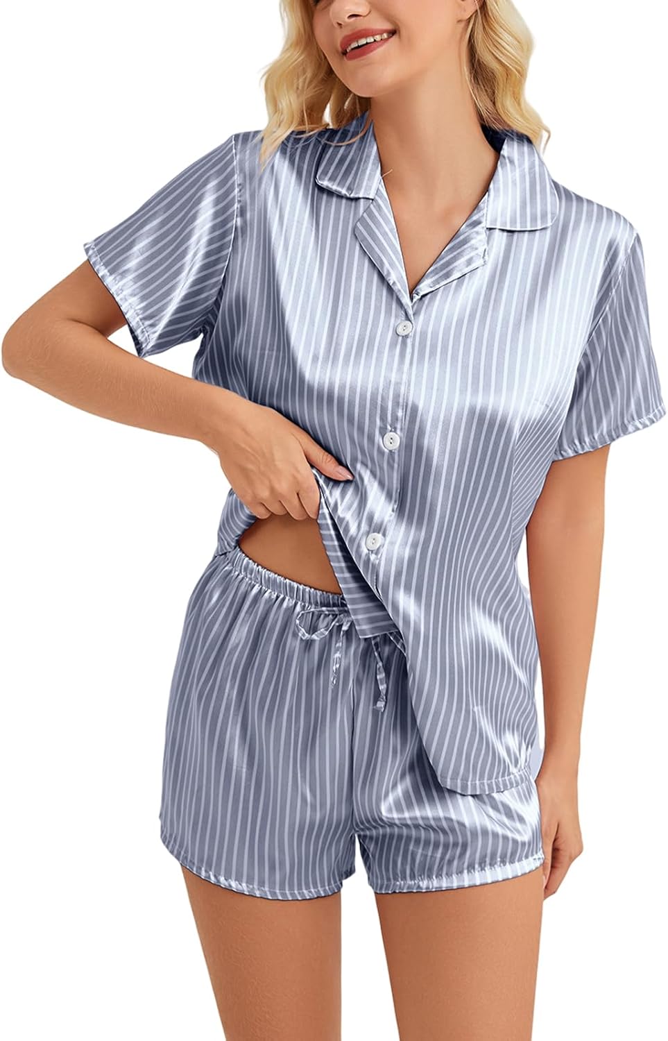 Women's Satin Pajamas Set - Soft Button-Up Top with Pinstripes and Drawstring Silky Shorts, Satin Classic Loungewear