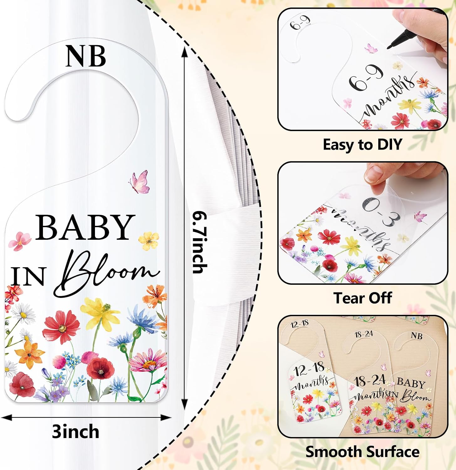 JarThenaAMCS 8Pcs Wildflower Baby in Bloom Acrylic Baby Closet Size Dividers Clear Nursery Hanging Closet Organizers Newborn to 24 Months Thicken Wardrobe Organizer for New Mom