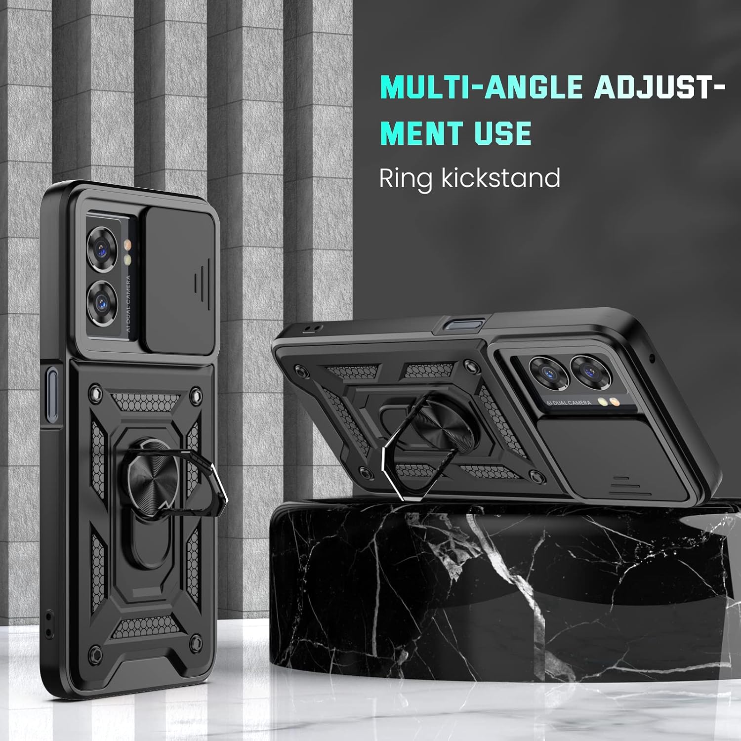 Dretal OnePlus Nord N300 5G Case with Stand Kickstand Ring and Camera Cover with Tempered Glass Screen Protector, Military Grade Shockproof Protective Cover for OnePlus Nord N300 5G(TC-Black)
