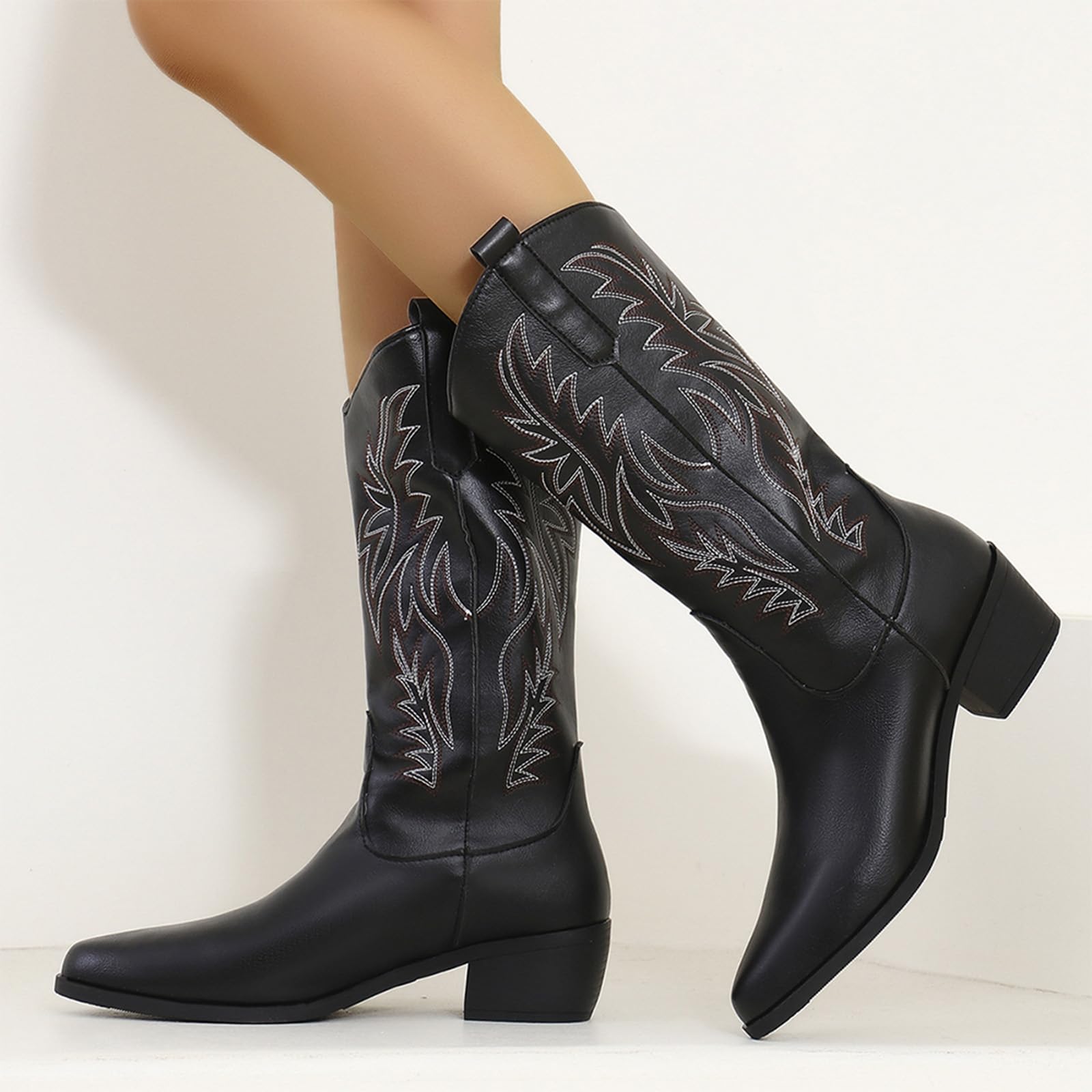 Mujer Botas Vaqueras Occidentales Bordadas Hasta Pantorrilla Punta Afilada Tacón Bajo Grueso Ideal Conciertos Fiestas Vestidos Vaqueros Faldas