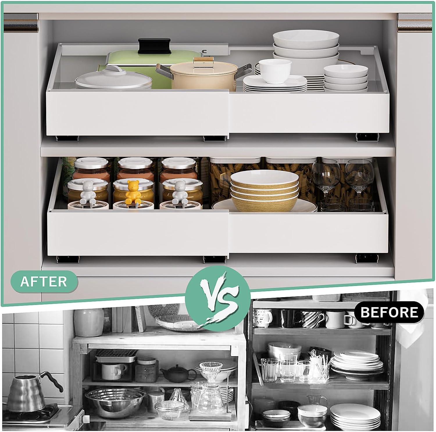 Before and after comparison showing a cluttered cabinet transformed into an organized space with the pull-out organizer.