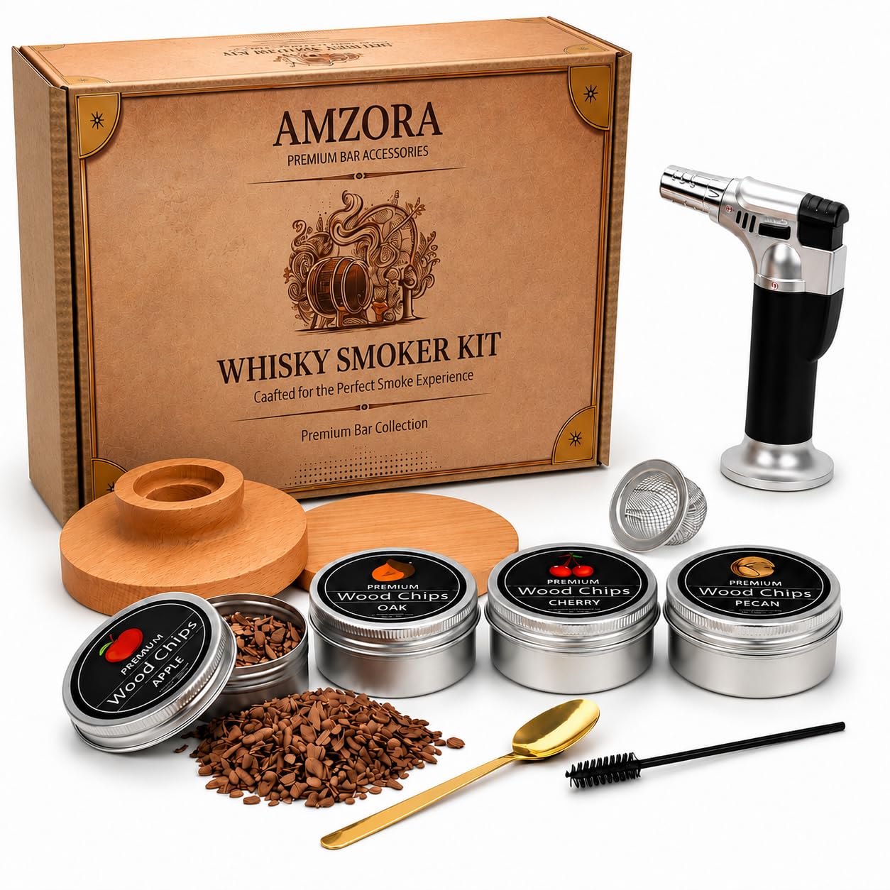 AMZORA Cocktail Whiskey Smoker Kit with Torch | Drink Smoke Infuser for Bourbon & Old Fashioned, Includes 4 Flavored Wood Chips, Butane Gas Not Included-image-47