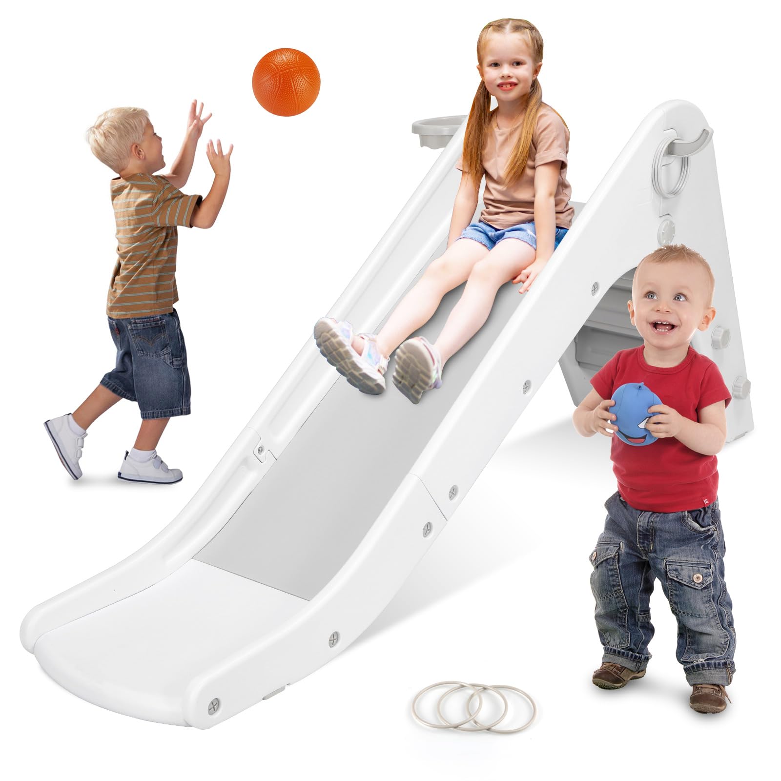 4-in-1 Kinderglijbaan En Schommelset Met Ladder, Glijbaan En Schommelset Met Ladder Glijbaan En Basketbalring Schattig Konijnenontwerp Compacte Speeltuin Roze