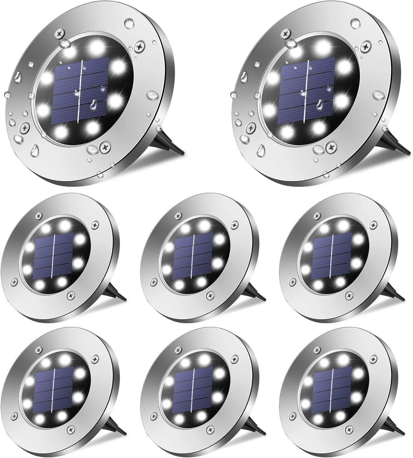 MOAOO Solar Ground Lights 8 Packs - 8 LED Solar Lights Outdoor Waterproof Solar Disk Lights Garden Lights Bright In-Ground Landscape Lighting for Lawn Pathway Yard Deck Patio Driveway Walkway (White)