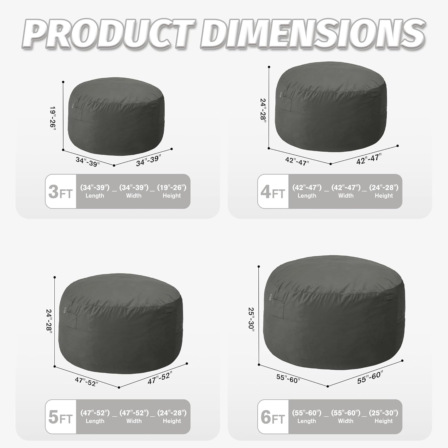 3FT Bean Bag Chair with Ultra Soft Velvet Cover Bean Bag Sofa with Memory Foam Bean Bag Chairs with Large Size Lazy Sofa for Dorm Office Living Room Bedroom Grey 3'