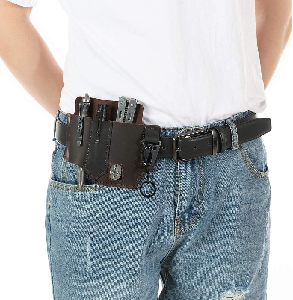 Multitool Sheath for Belt,EDC Letaher Multitool Sheath,Leather Flashlight Holster,Handmade 3 Pockets Organizer Sheath for Tactical pens,Tools, Leather EDC Pocket Organizer (Deep Brown)