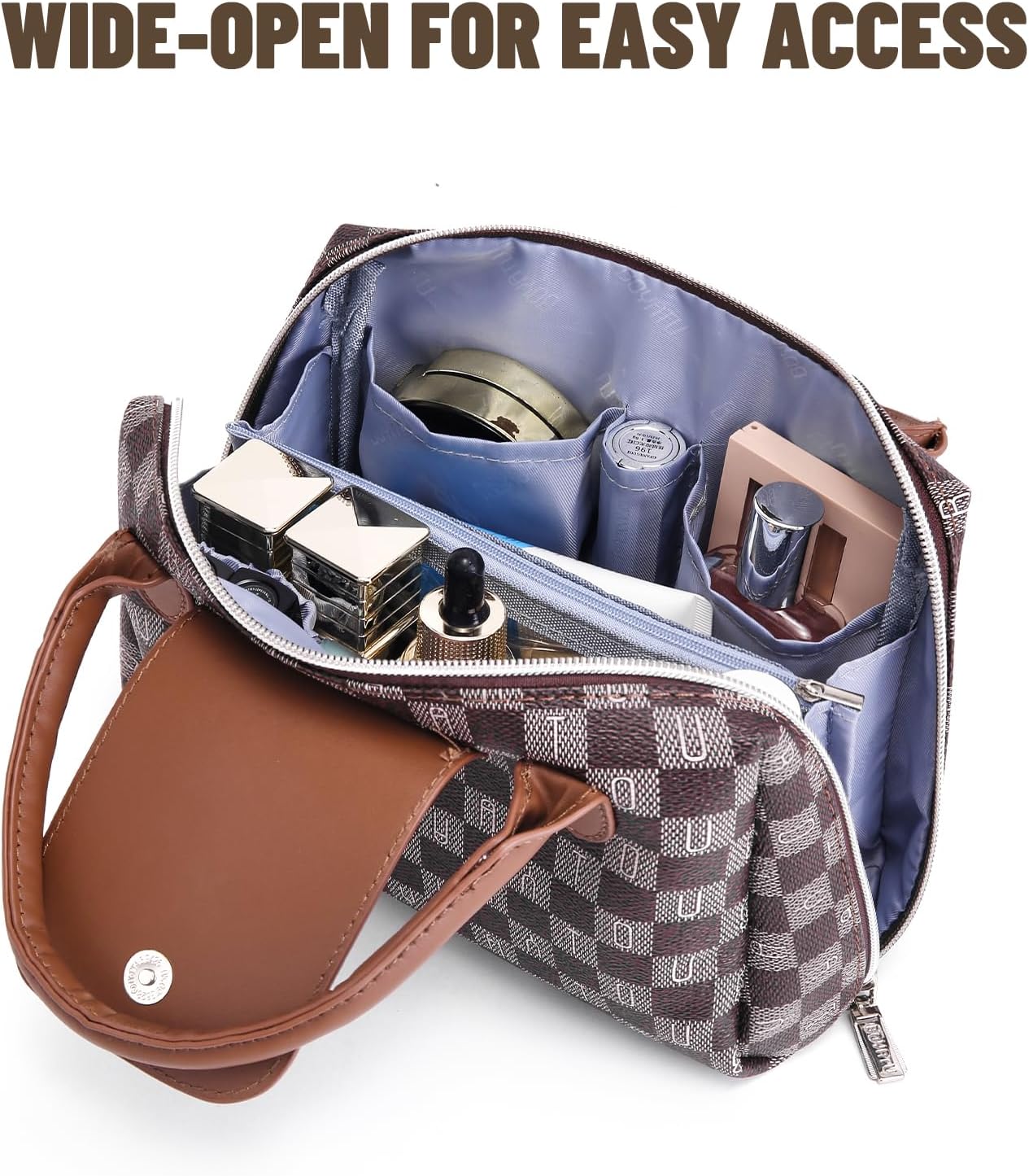 BOYATU Checkered Makeup Bag Organizer: Large Travel Cosmetic Bag Holds 10+ 100ml Full-Size Bottles for Dates & Trips - Portable Waterproof Leather Toiletry Pouch 3-sec Touch-up for Chic Woman(Coffee)