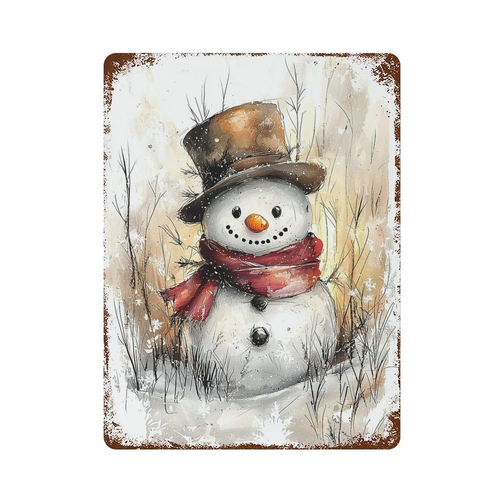 Winter Whimsy Cheerful Snowman Portrait Vintage Wall Sign 15.7"x11.8", Rust Effect Metal Decor for Farmhouse, Kitchen And Entryway Decor