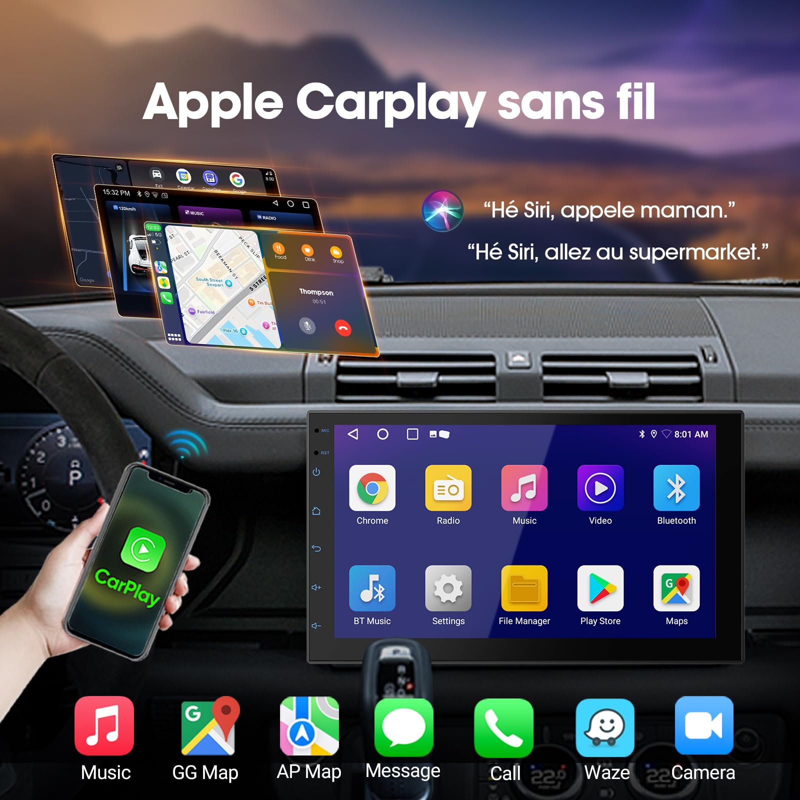 Haudio 7 Pouces Autoradio Bluetooth 2 DIN avec CarPlay &Sans Fil Android Auto, HD Ecran Tactile avec Mirror Link/Vivavoce/GPS/Commande Vocale/AUX/RDS/FM Radio pour Tous Les Véhicules avec Caméra 2+64G