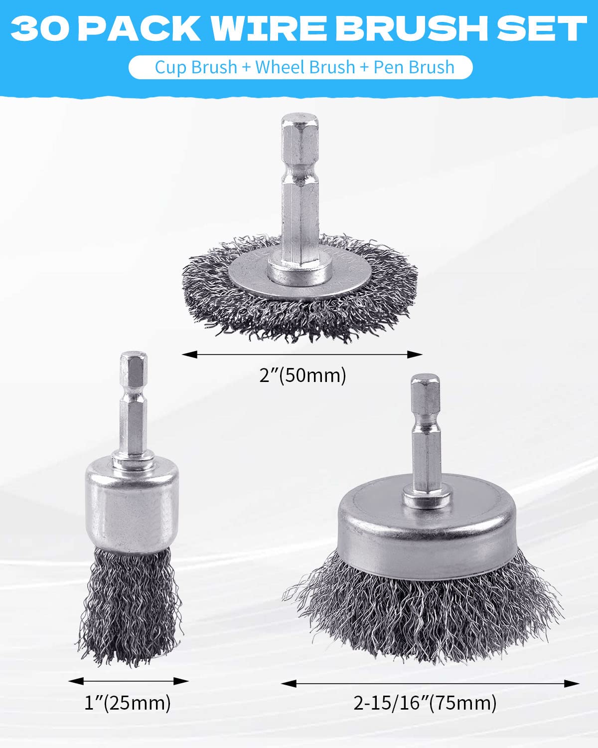 Paquete de 30 cepillos de rueda de alambre de acero al carbono, cepillo Rocaris Cup, cepillo de rueda, juego de cepillos de bolígrafo con vástago hexagonal de 1/4 pulgadas para eliminación de óxido,