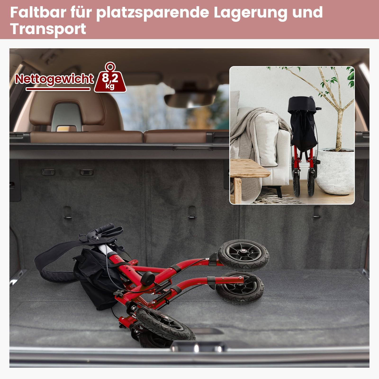 FANTASK Rollator mit Sitz für Senioren, Rollatoren Aluminium 6-fach höhenverstellbar, faltbar und leichtgewicht Laufhilfe mit Luftbereifung, 2 in 1 Rollstuhl & Reiserollator bis 160kg (Rot)
