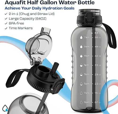 Miniatura 2 de AQUAFIT Botellas de agua de 64 onzas  Botella de agua con marcador de tiempo de 64 onzas  Botella de agua de medio galón con pajilla, botella de