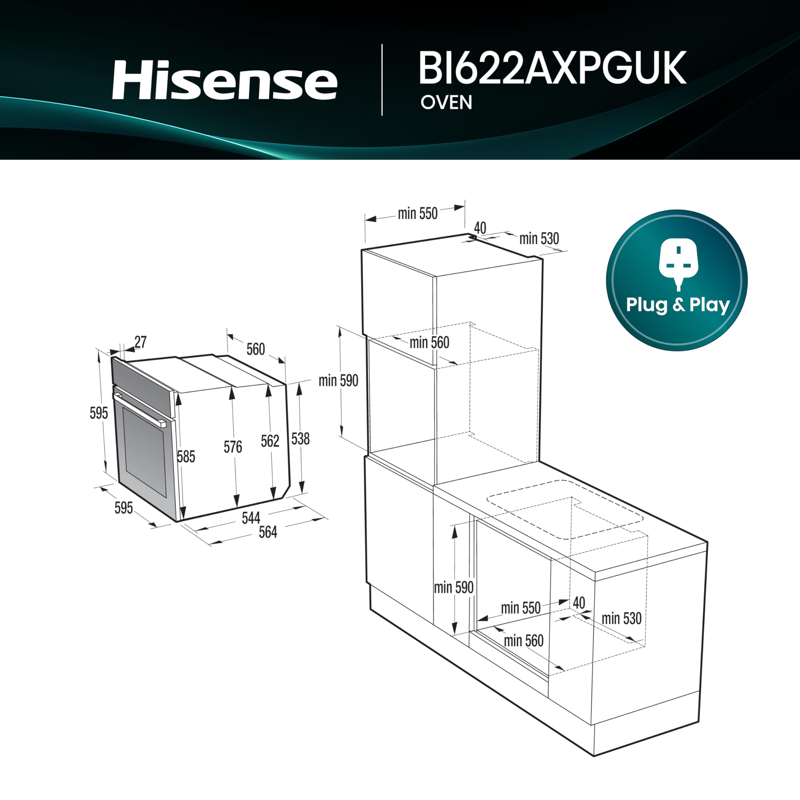 Hisense BI622AXPGUK - Built-in 77L Electric Single Oven - Stainless Steel with Even Bake, 300°C Pizza Mode, Frozen Food Mode, Steam Clean - A Rated, Extra Large — view 3