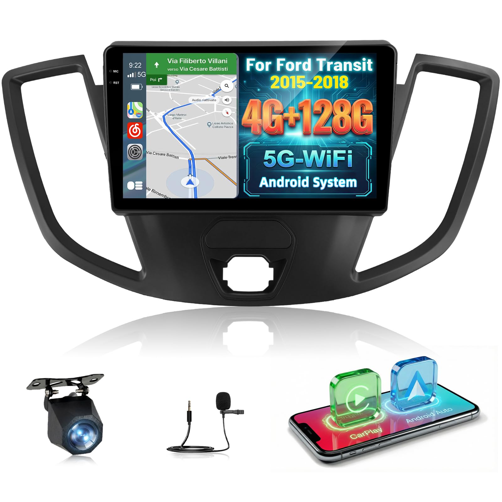 NHOPEEW 4+128G Autoradio per Ford Transit 2015-2018 con Wireless Carplay e Android Auto - Schermo incell da 9 pollici Supporto WiFi GPS Comandi al volante + Telecamera di retromarcia, Canbus