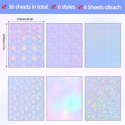 Miniatura 3 de 36 hojas de papel adhesivo holográfico, película laminada de vinilo transparente para calcomanías, impermeable, superposición transparente,