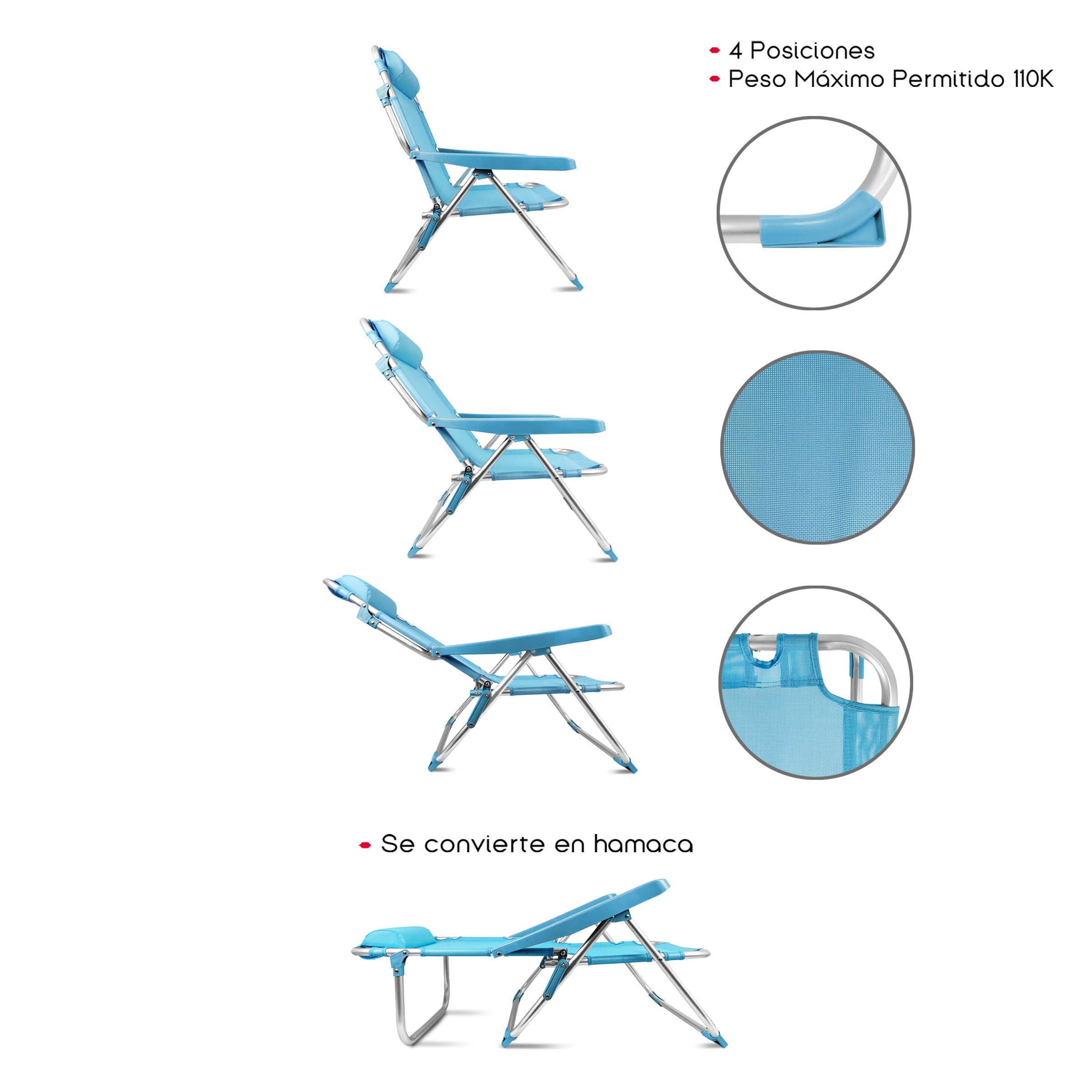 TIENDA EURASIA – Silla de Playa Plegable | Azul Turquesa | Estructura de Aluminio y Textileno | 4 Posiciones | con Cojín reposacabezas | Medidas 60x22x85.5 cm | para Peso Máximo de 110Kg