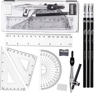 FEPITO 11 Pcs Math Geometry Compass Set Student Maths Protractor Set School Stationery Set Included Rulers, Pencil, Eraser in Carrying Case