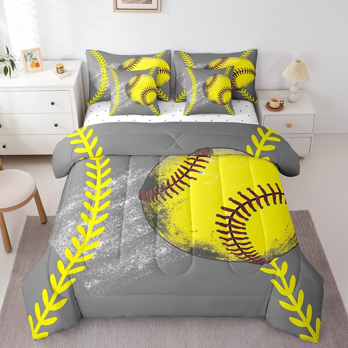 Erosebridal 7 Pcs Comforter Set Full Size,Softball Bed in a Bag with Flat Sheet and Fitted Sheet for Kids and Adults,Grunge Softball Sports Bedding Set with Pillowcases and Cushion Cases