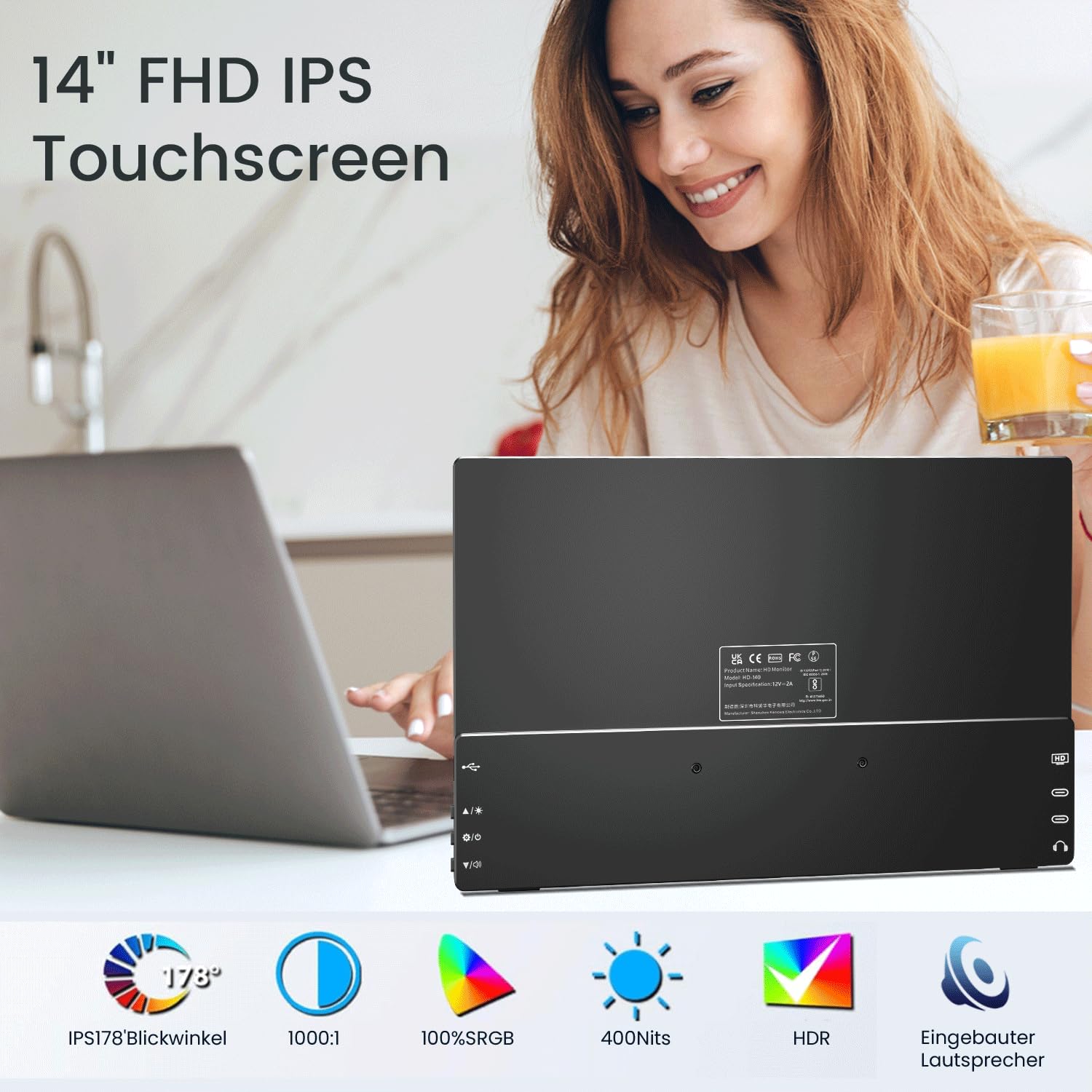 Pisichen Draagbare monitor touchscreen, 16 inch draagbare monitor, Full