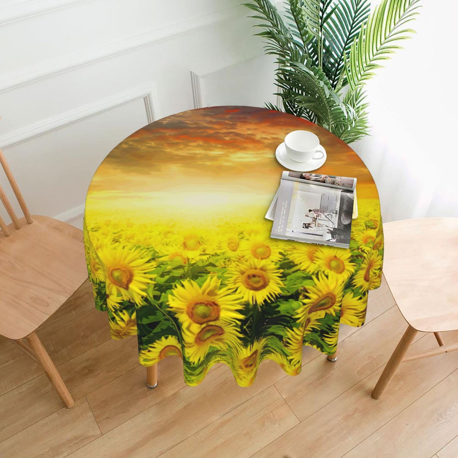 Zcmkjlg Dreamlike Sunset Of A Sunflower Field Print Quick Ship Round Tablecloth 60in Polyester Washable Cover for Dining Room