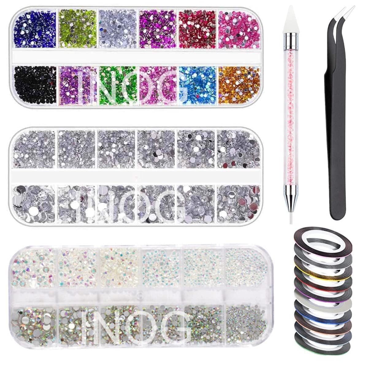 INOG Nail Art Kit For Girl Colorful Rhinestones Nail Design Tools Kit Multi Shapes Flatback Round Bead with Pickup Pen + Tweezer for DIY Manicure Craft Decoration Nail Art