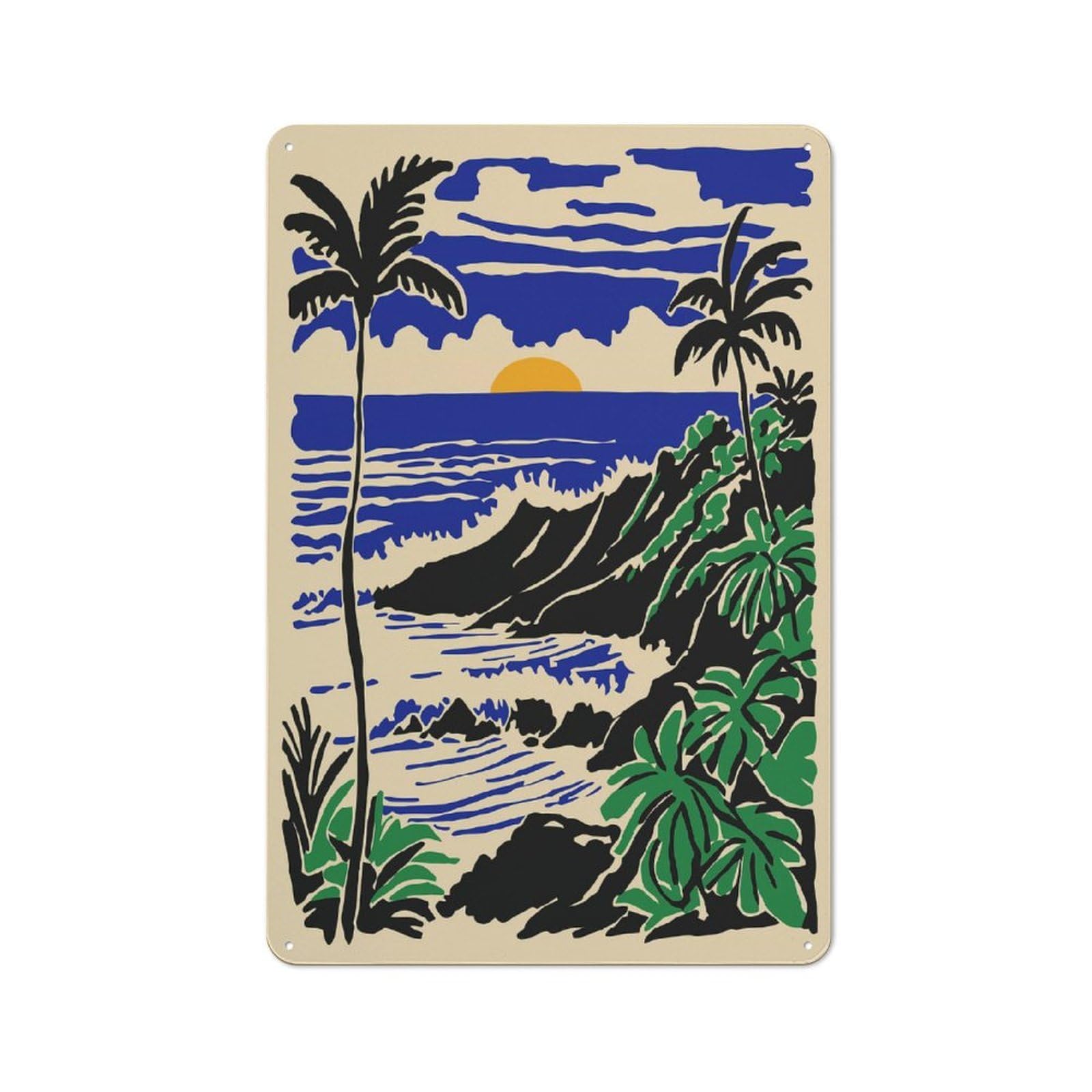 Junmoney Style-21 Tropical Sunset Over Rocky Coastline Tin Sign 30X20cm, Vintage Home Bar Decor For Cafe, Pub, Workshop Or Home Bar, For Relaxed Wall Styling