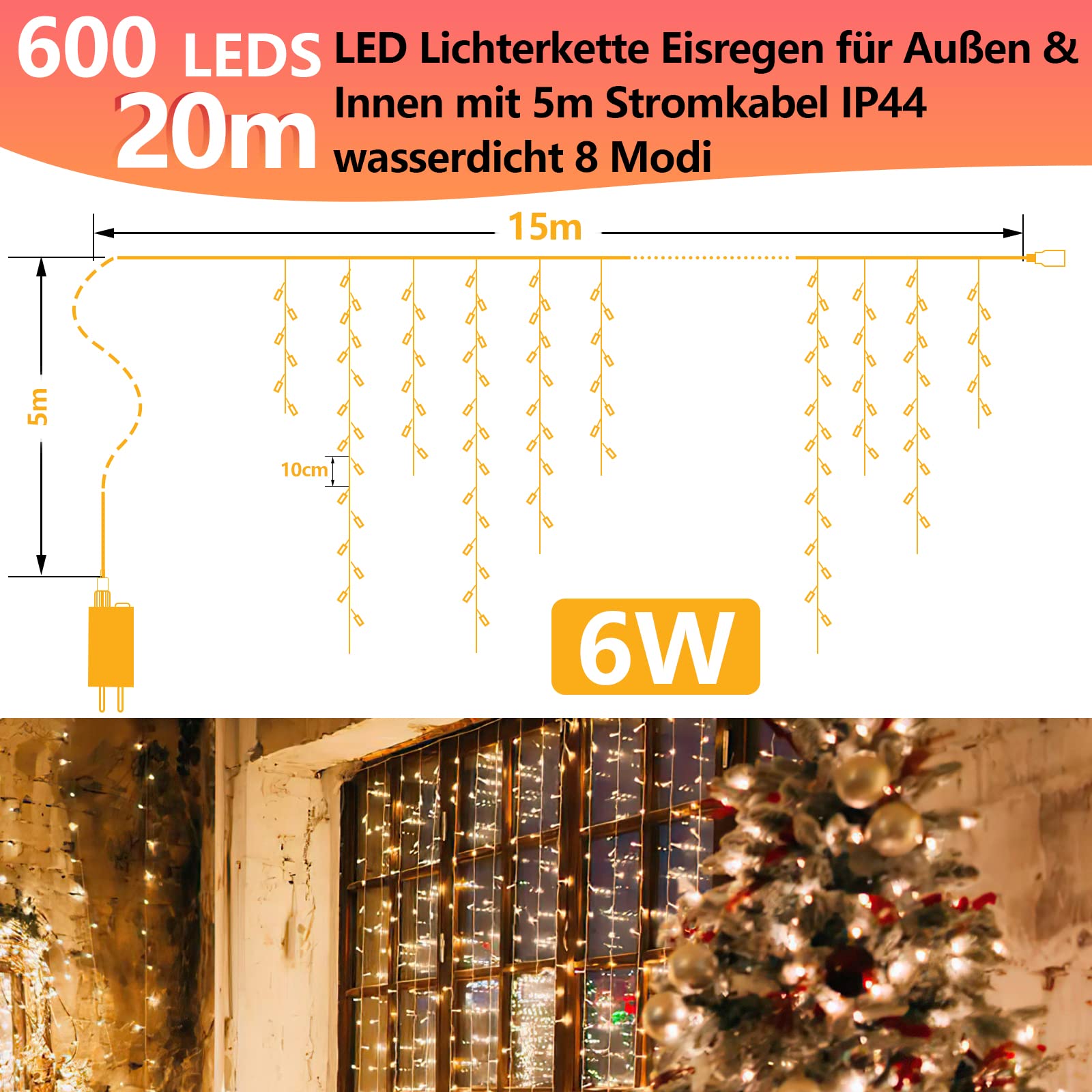 Eisregen Lichterkette Außen 600 LED 15m, LED Lichtervorhang mit 8 Beleuchtungsmodi, IP44 wasserdicht für Innenausstattung Außenbereich Schlafzimmer Hochzeit Weihnachten Party, Kaltweiß