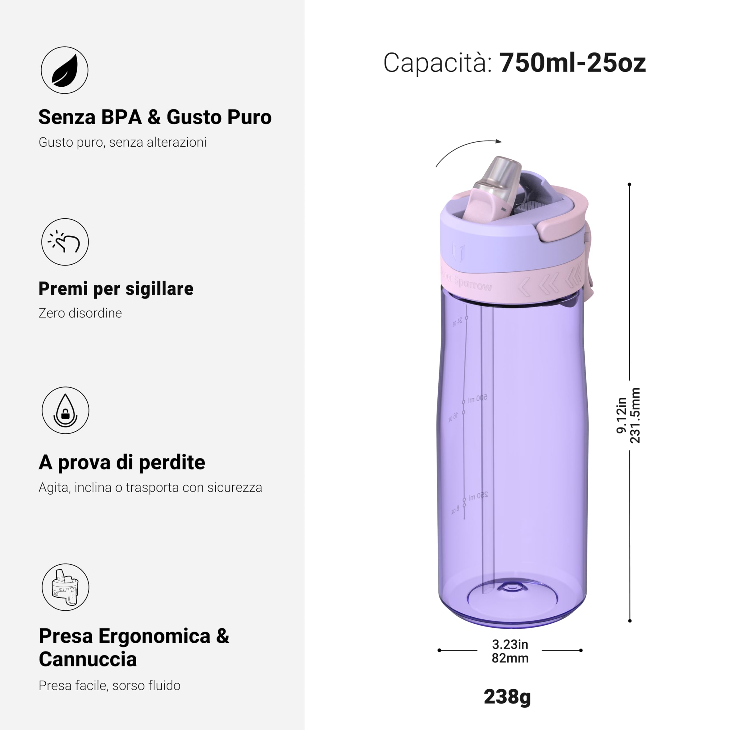 Sparrow Borraccia - 500ml, 750ml, 1L - TouchFlow Bottiglia Senza BPA - Senza Perdite Borraccia Cannuccia - Borracce Sportiva Flusso Rapido Con Un Clic per Scuola, All'aperto
