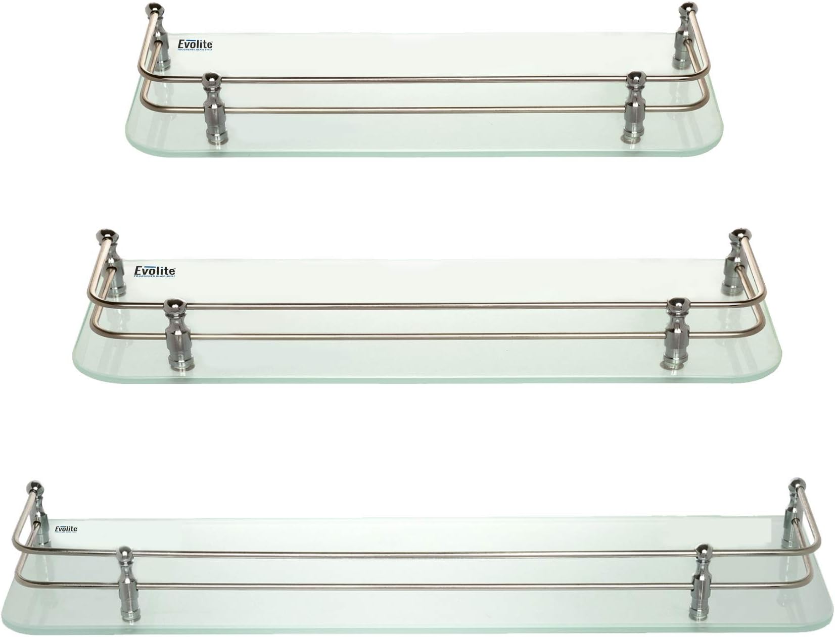 Evolite Premium Tempered Glass Shelf for Bathroom Corner Kitchen and Multi Purpose Glass Shelves Wall Mount Storage Accessories with Fitted Brackets-Glass (5x12-5x15-5x18 INCH Pack of 3)