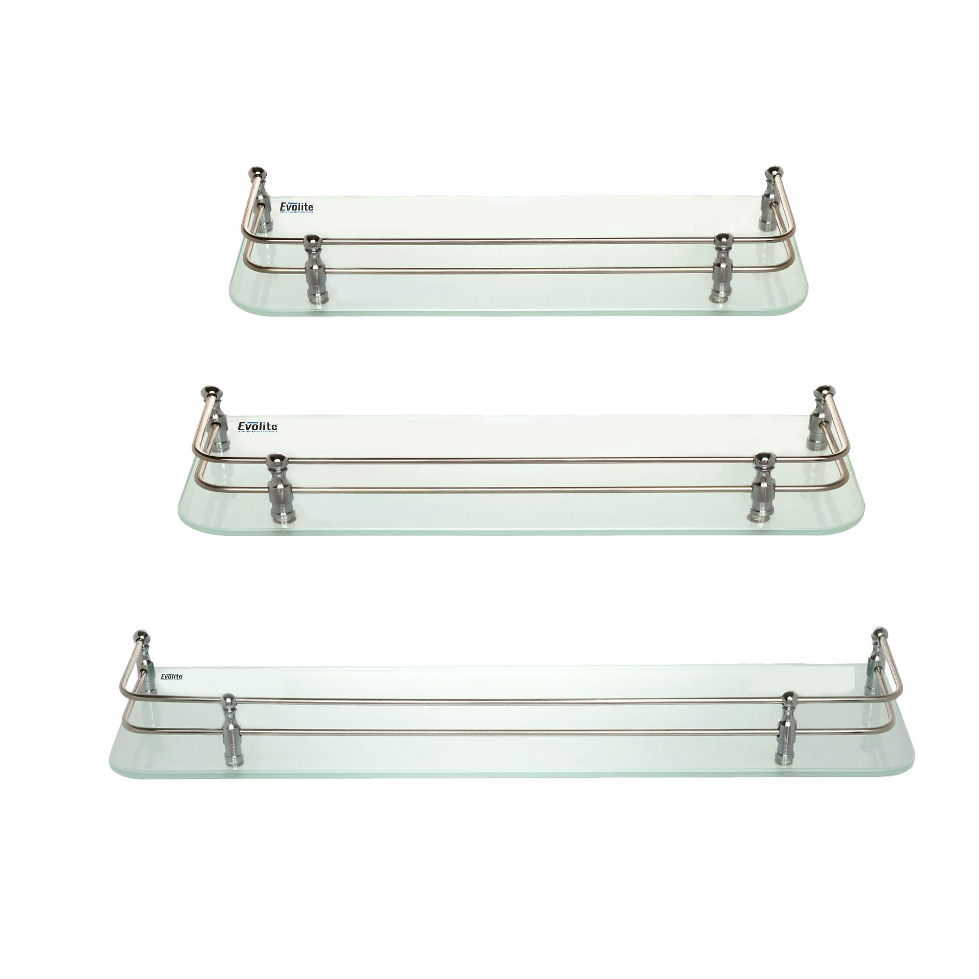 Evolite Premium Tempered Glass Shelf for Bathroom Corner Kitchen and Multi Purpose Glass Shelves Wall Mount Storage Accessories with Fitted Brackets-Glass (5x12-5x15-5x18 INCH Pack of 3)