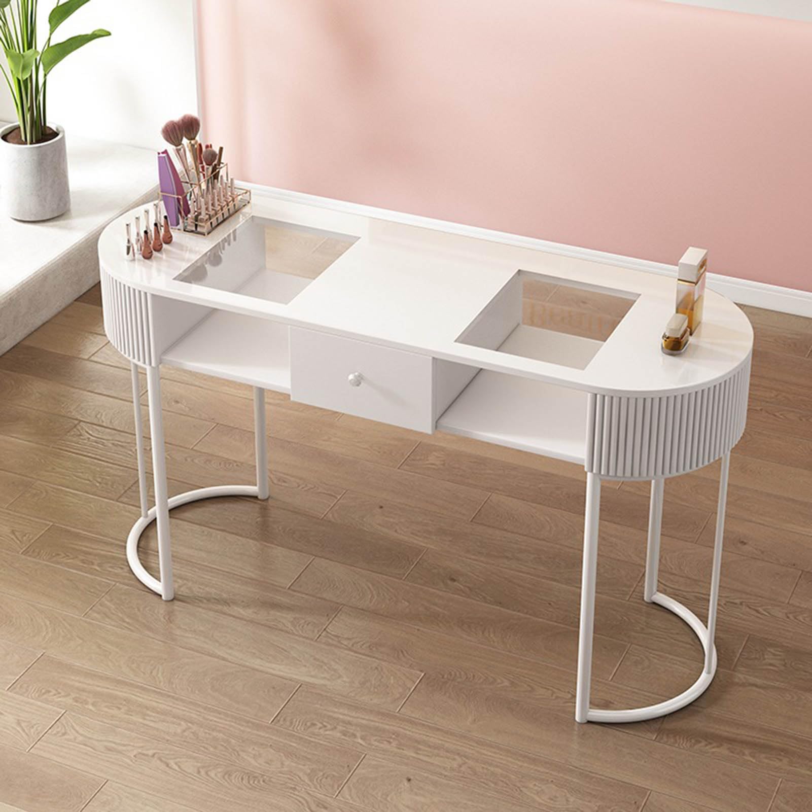 Profesjonalne biurko do paznokci z miejscem do przechowywania, nowoczesny drewniany stół do manicure do salonu domowego, 3-warstwowe, stylowe meble spa dla artystów paznokci i kosmetyczek