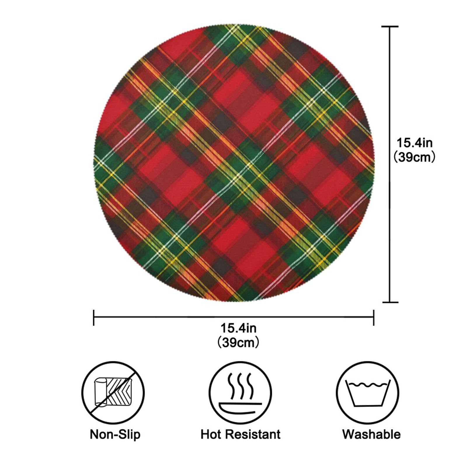 ALAZA Lot de 6 sets de table ronds pour table de salle à manger Motif tartan Rouge/vert/jaune