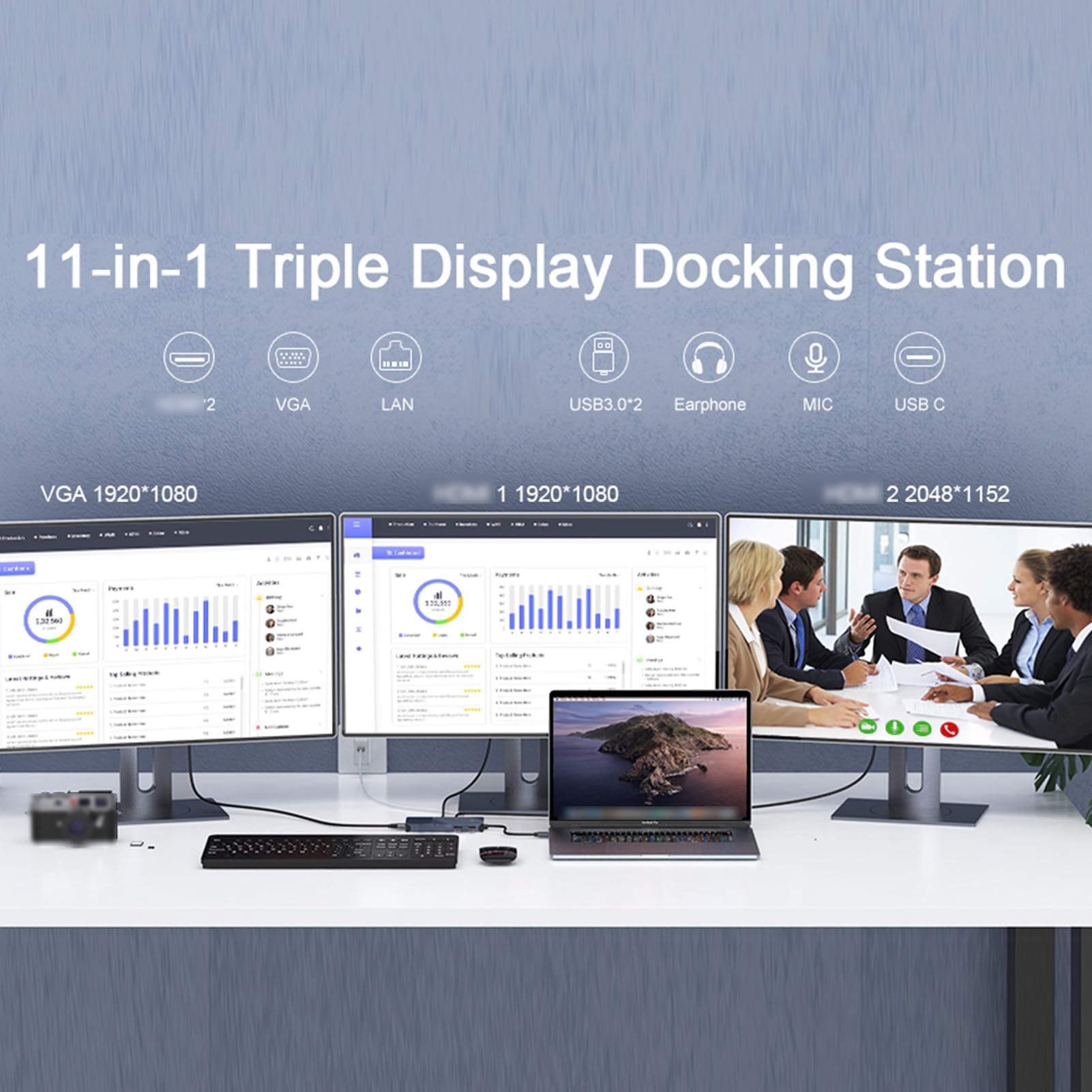 Hub USB C 11 in 1, Docking Station per Display Triplo, Adattatore Multiporta per Laptop in Alluminio con 2 Schede HD 1080P VGA Gigabit Ethernet USB 3.0 TF Audio da 3,5 Mm