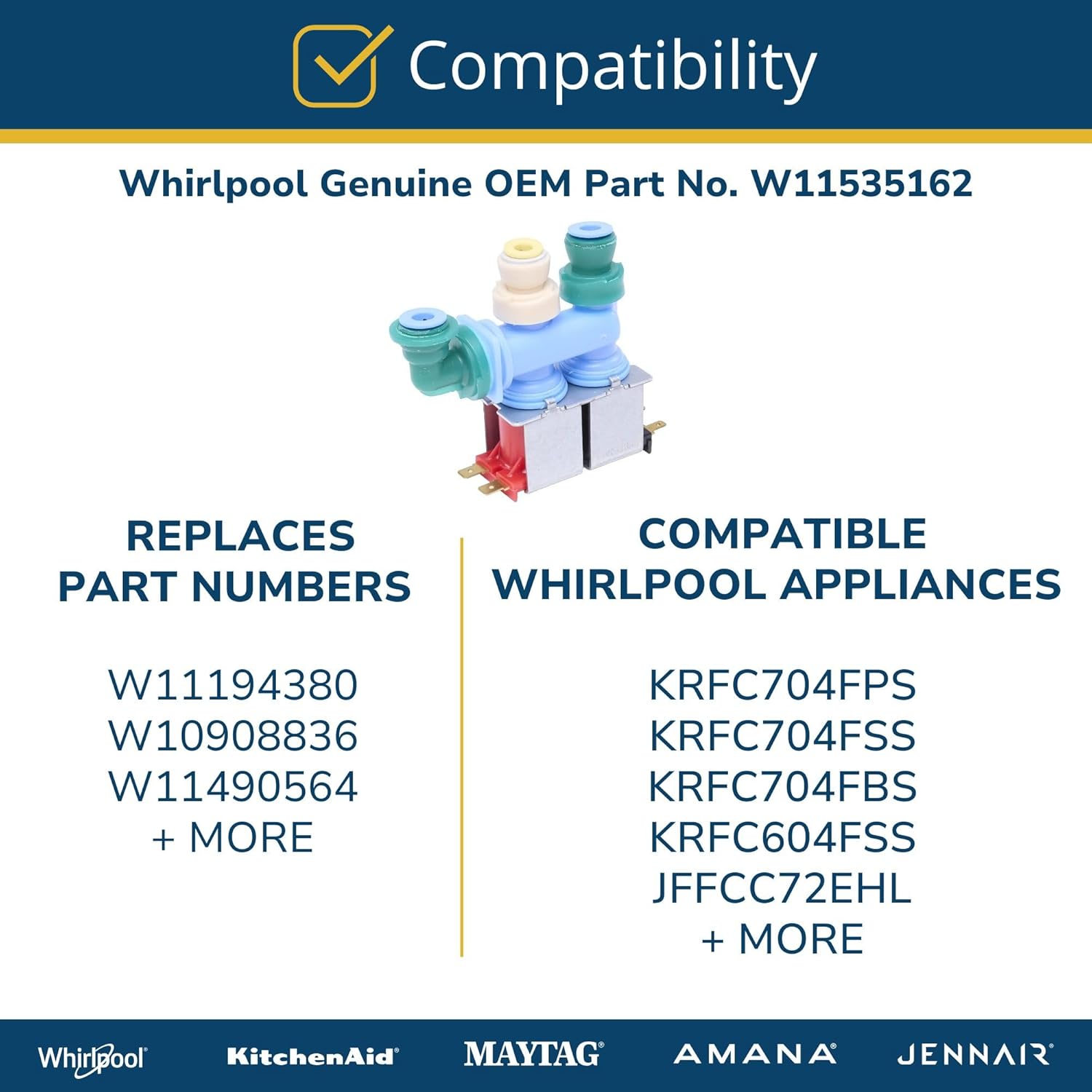 Whirlpool W11535162 Genuine OEM Refrigerator Water Inlet Valve Replacement Part - Replaces W11194380, W10908836, and W11490564
