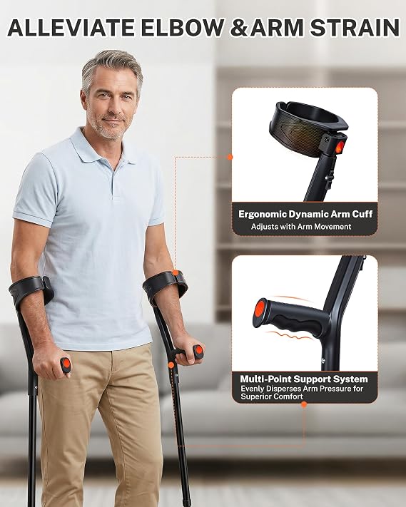 Forearm Crutches for Adults, Foldable & Height Adjustable Arm Elbow Crutches (1 Pair), Lightweight Elbow Crutches with 45 Rotatable Cuff & Soft TPR Grip, Muletas para Adultos